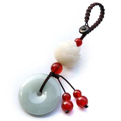 Red Agate Calabash Keychain-White Lotus Flower - FengshuiGallary