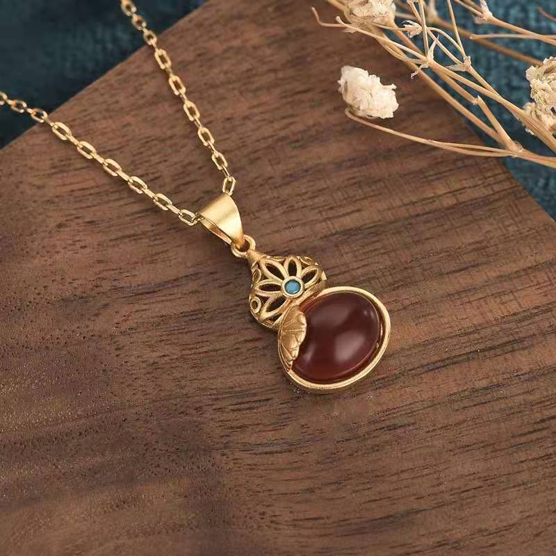 Red Agate Calabash Wealth Gold Pendant Necklace - FengshuiGallary