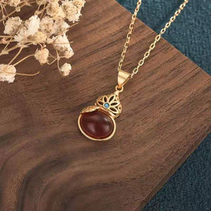 Red Agate Calabash Wealth Gold Pendant Necklace - FengshuiGallary