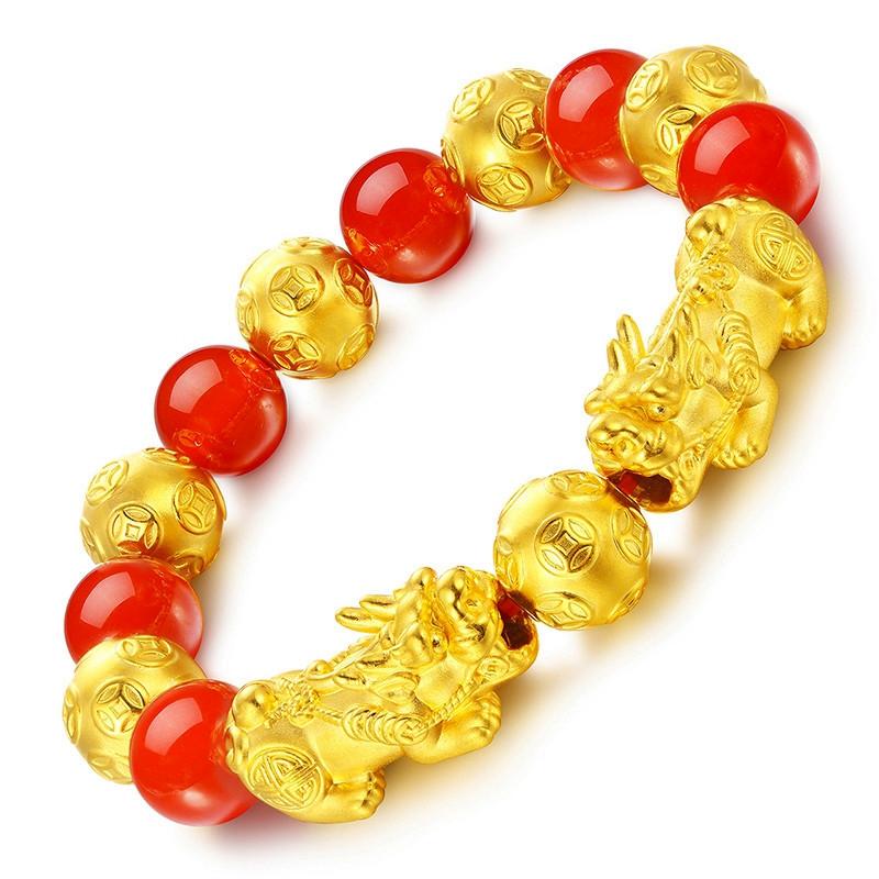Red Agate Double 24k Gold Pixiu Wealth Bracelet - FengshuiGallary