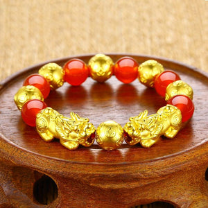Red Agate Double 24k Gold Pixiu Wealth Bracelet - FengshuiGallary