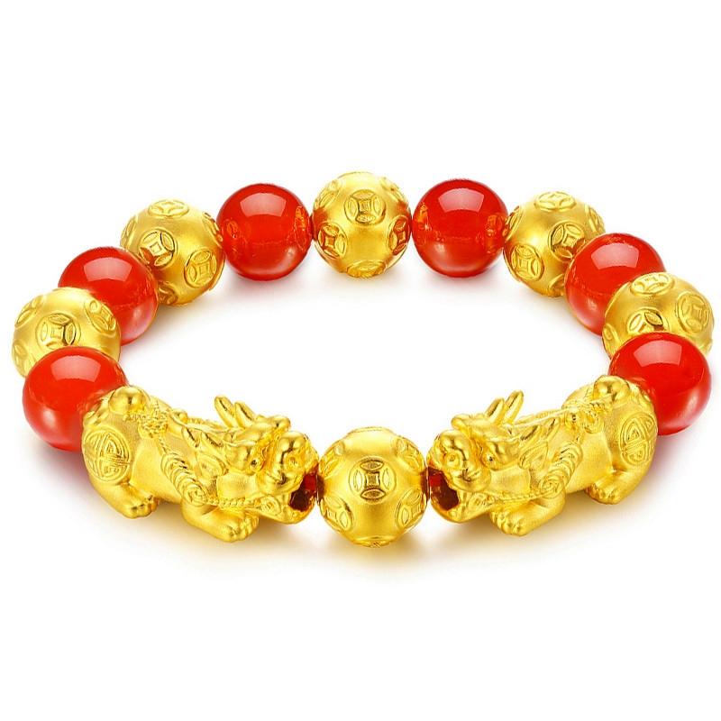 Red Agate Double 24k Gold Pixiu Wealth Bracelet - FengshuiGallary