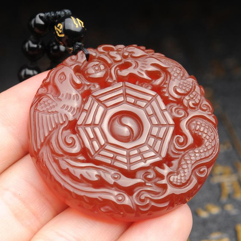 Red Agate Dragon & Phoenix Auspicious Pendant Beads Necklace - FengshuiGallary