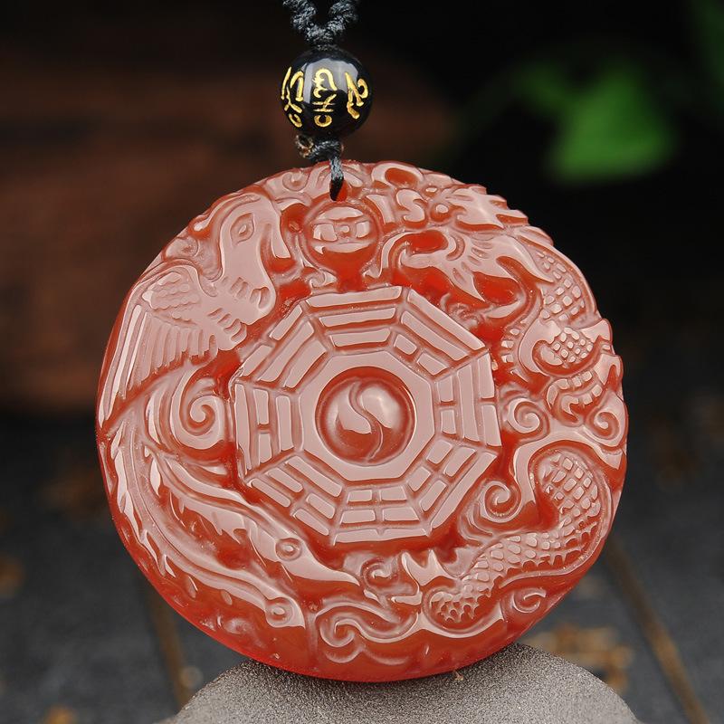 Red Agate Dragon & Phoenix Auspicious Pendant Beads Necklace - FengshuiGallary