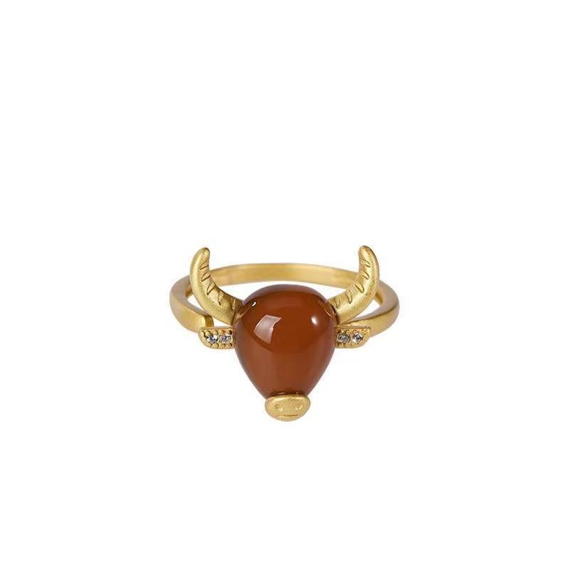 Red Agate Wealth Bull Zirconia Ring - FengshuiGallary