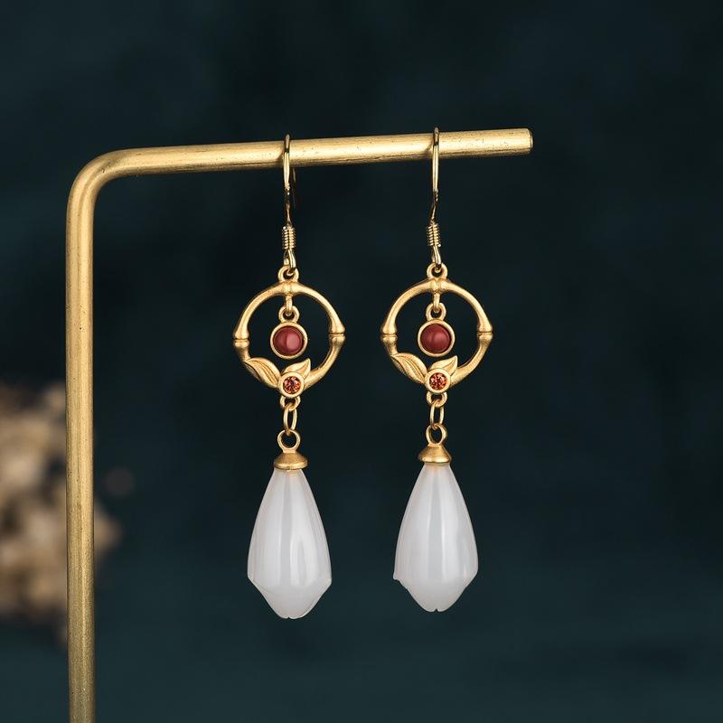 Red Cinnabar White Jade Lucky Earring - FengshuiGallary