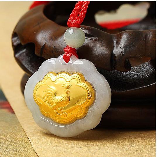 Rooster Gold 12 Chinese Zodiac Lucky Amulet White Jade Pendant Necklace - FengshuiGallary