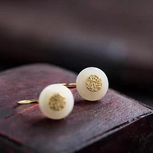 Serene Confidence Fu White Jade Earrings - FengshuiGallary