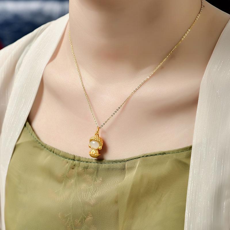 Serene Journey Thai Buddha Jade Golden Pendant Necklace - FengshuiGallary