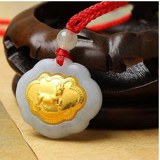 Sheep 24k Gold 12 Chinese Zodiac Lucky Amulet White Jade Pendant Necklace - FengshuiGallary