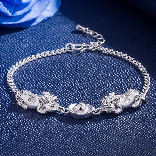 Silver Double Pixiu Ingot Wealth&Lucky Bracelet - FengshuiGallary