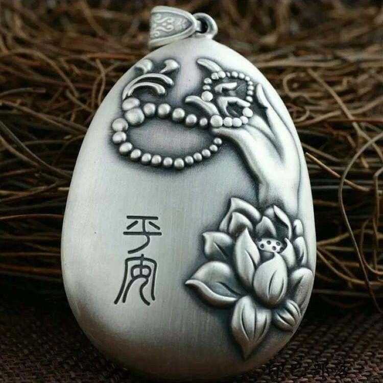 Silver Lotus Mantra Lucky Prayer Pendant - FengshuiGallary