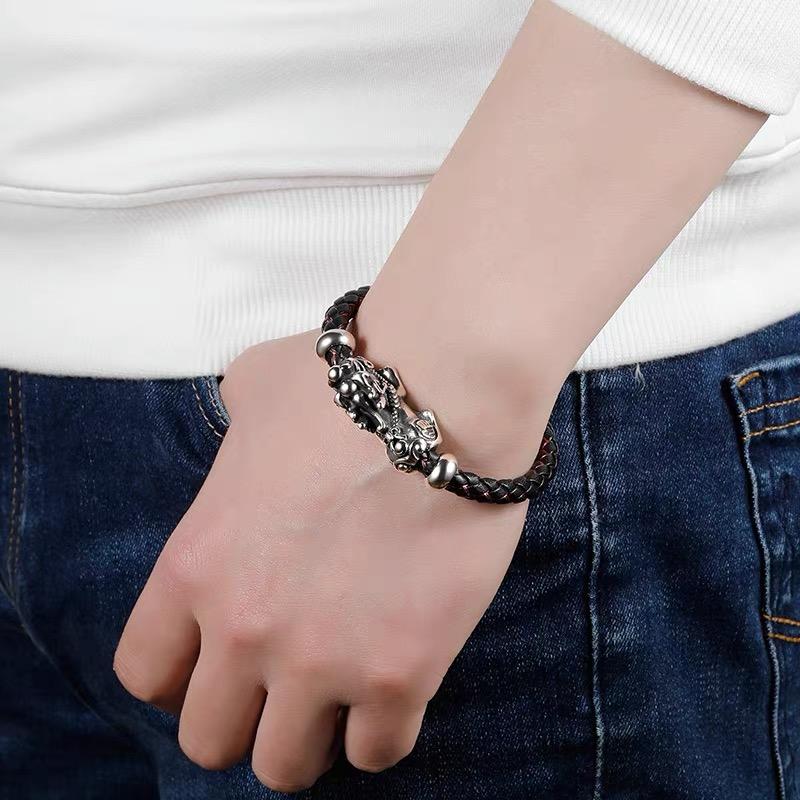 Silver Pixiu Bracelet-Leather Titanium - FengshuiGallary