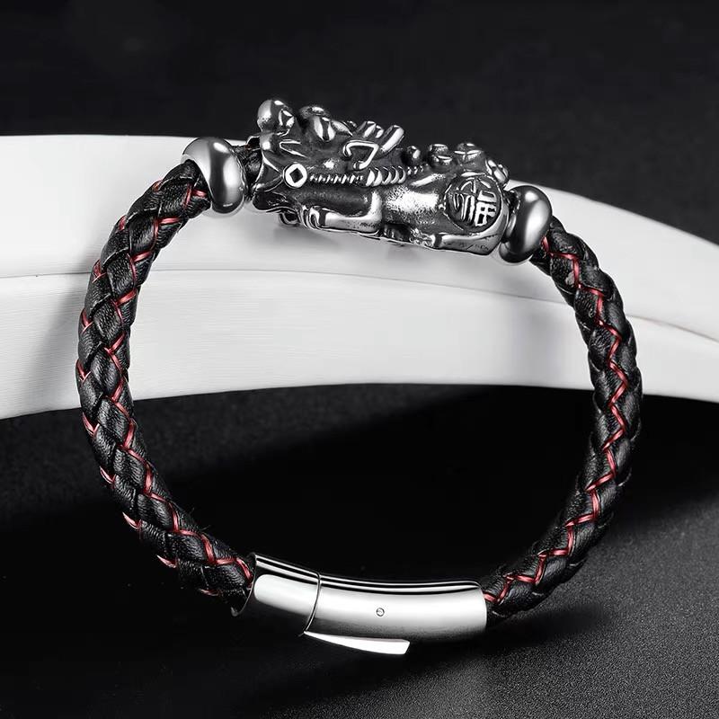 Silver Pixiu Bracelet-Leather Titanium - FengshuiGallary