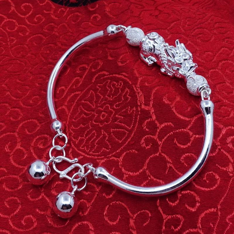 Silver Pixiu Double Bells Wealth Bracelet - FengshuiGallary