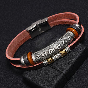 Silver Six Words Mantra Protection Leather Bracelet - FengshuiGallary