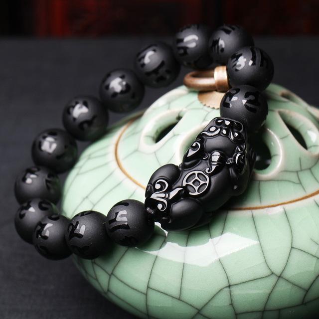 Six Words Pixiu Wealth Mantra Obsidian Bracelet - FengshuiGallary