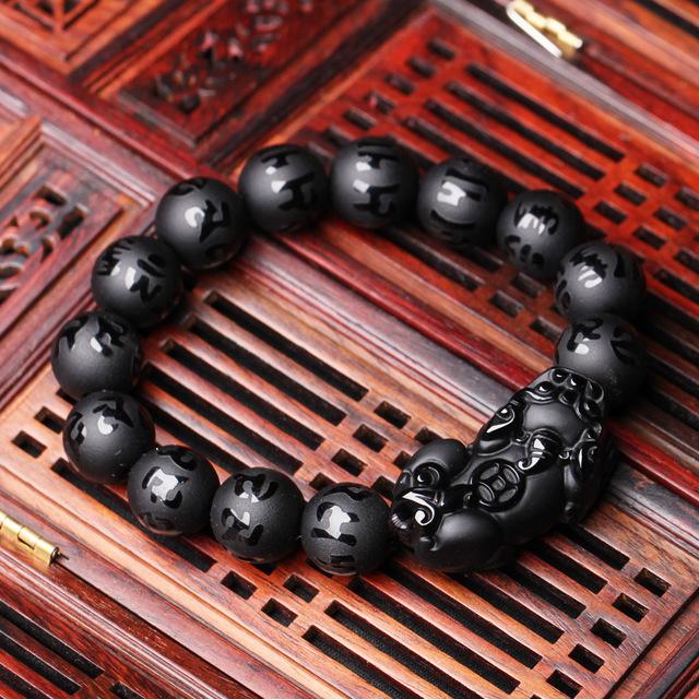 Six Words Pixiu Wealth Mantra Obsidian Bracelet - FengshuiGallary