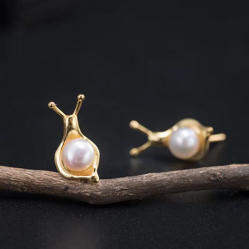 Snail Stud Earrings-925 Silver Natural Pearl - FengshuiGallary