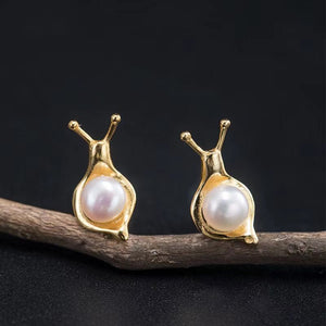 Snail Stud Earrings-925 Silver Natural Pearl - FengshuiGallary