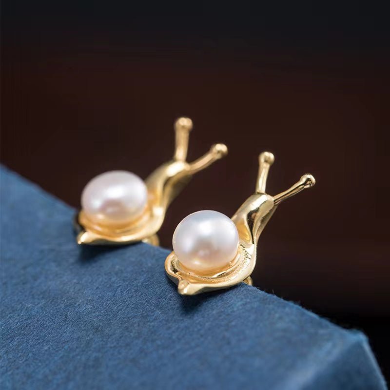 Snail Stud Earrings-925 Silver Natural Pearl - FengshuiGallary