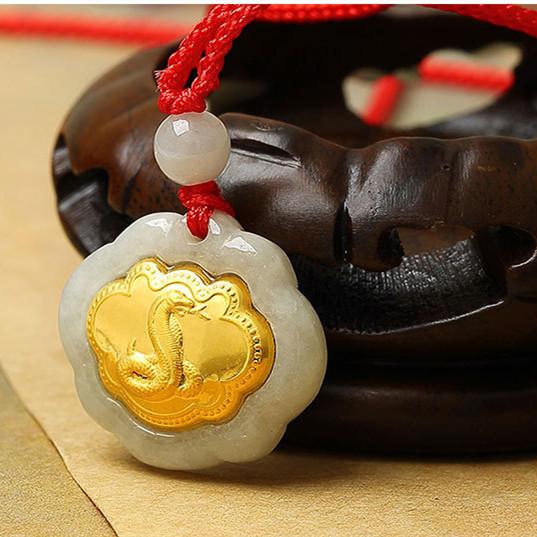 Snake 24k Gold 12 Chinese Zodiac Lucky Amulet White Jade Pendant Necklace - FengshuiGallary
