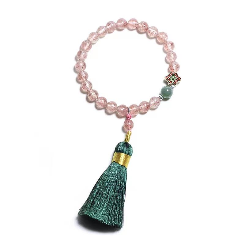 Strawberry Crystal Green Agate Beads Tassel Bracelet - FengshuiGallary