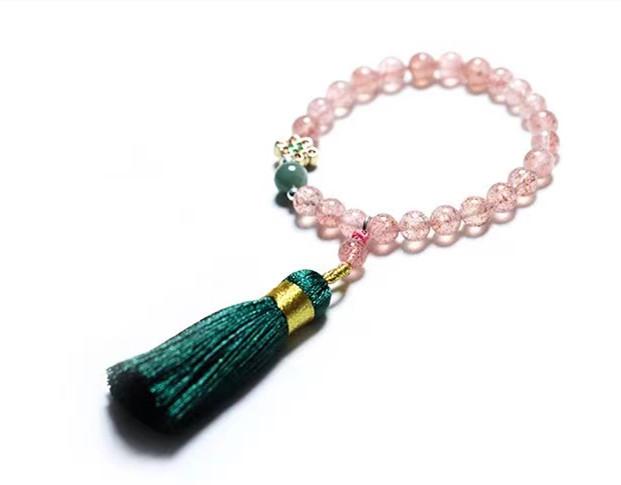Strawberry Crystal Green Agate Beads Tassel Bracelet - FengshuiGallary