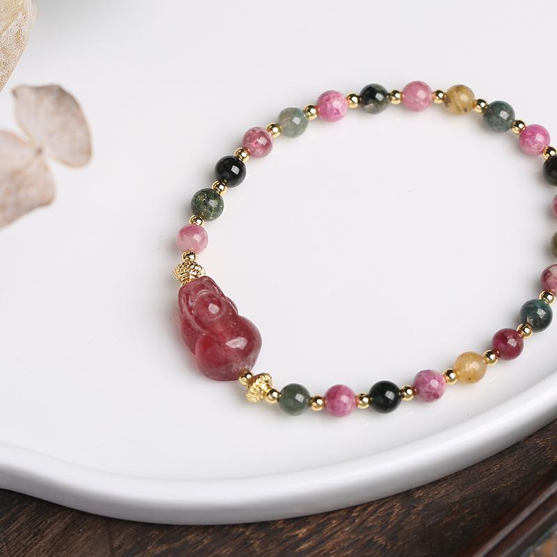 Strawberry Crystal Pixiu Tourmaline Bead Bracelet - FengshuiGallary