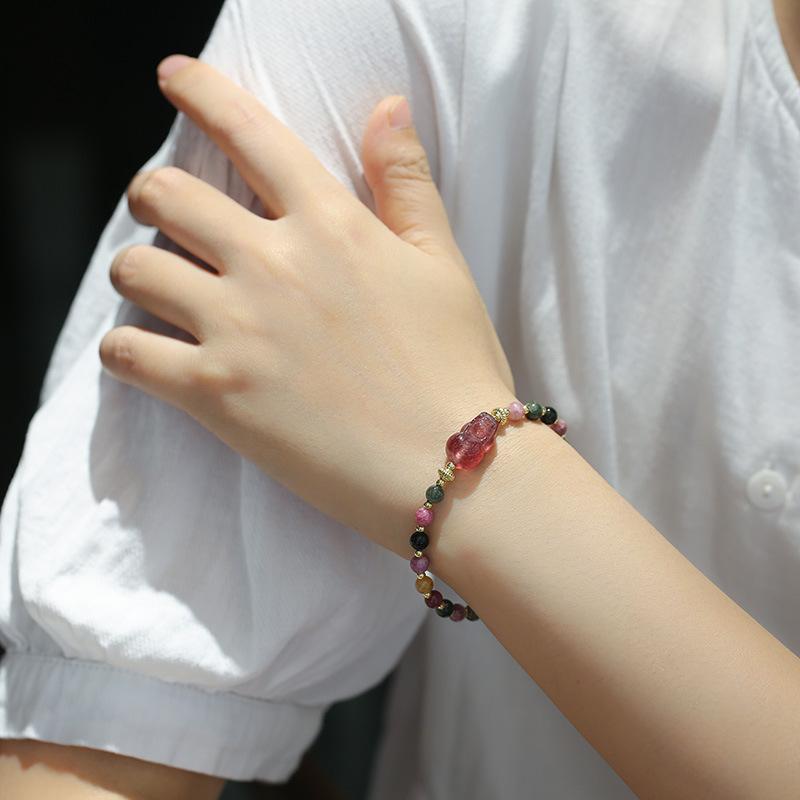 Strawberry Crystal Pixiu Tourmaline Bead Bracelet - FengshuiGallary