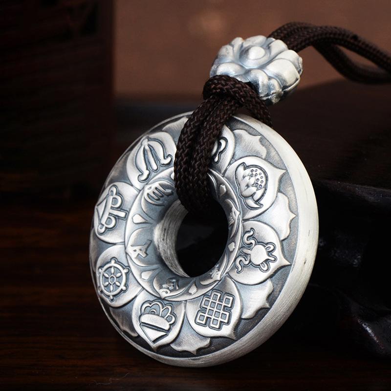 Tibetan Ashtamangala Six-True-Words Mantra Silver Pendant - FengshuiGallary