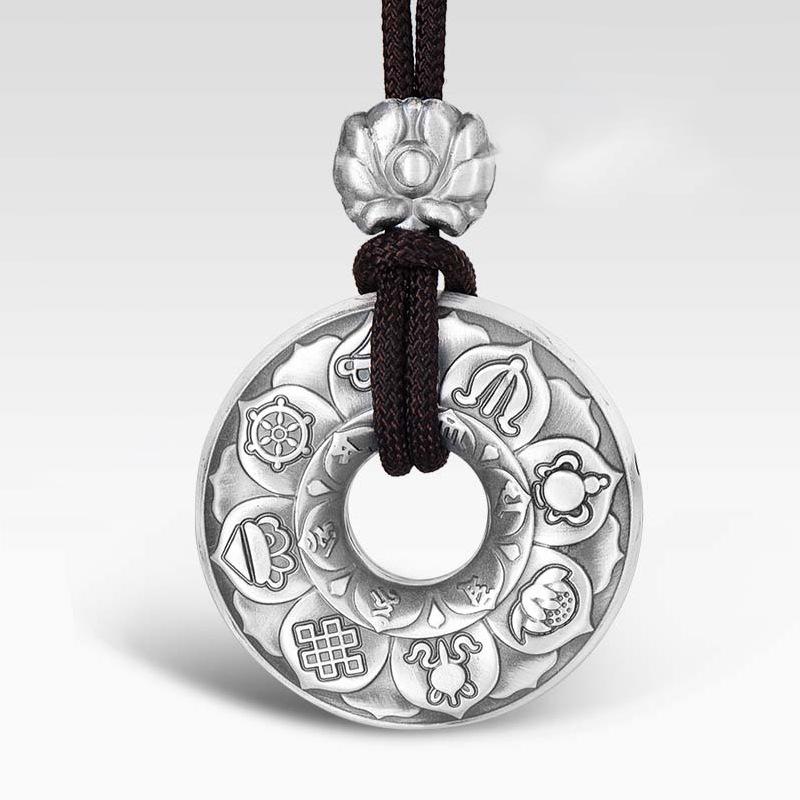 Tibetan Ashtamangala Six-True-Words Mantra Silver Pendant - FengshuiGallary