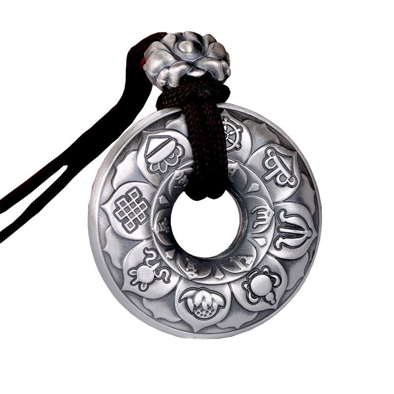 Tibetan Ashtamangala Six-True-Words Mantra Silver Pendant - FengshuiGallary