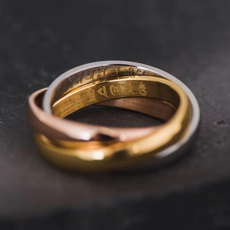 Tibetan Buddhist Six True Words Mantra Triple Interlocked Silver Ring - FengshuiGallary