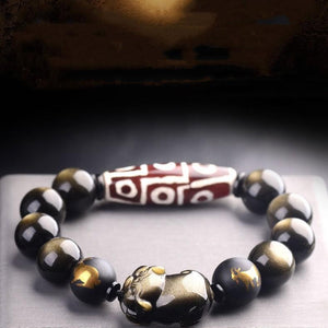 Tibetan Dzi Bead Gold Obsidian Pixiu Protection Bracelet - FengshuiGallary
