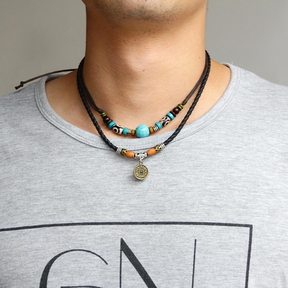 Tibetan Dzi Beads Turquoise Mantra Coin Protection Leather Necklace - FengshuiGallary