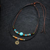 Tibetan Dzi Beads Turquoise Mantra Coin Protection Leather Necklace - FengshuiGallary