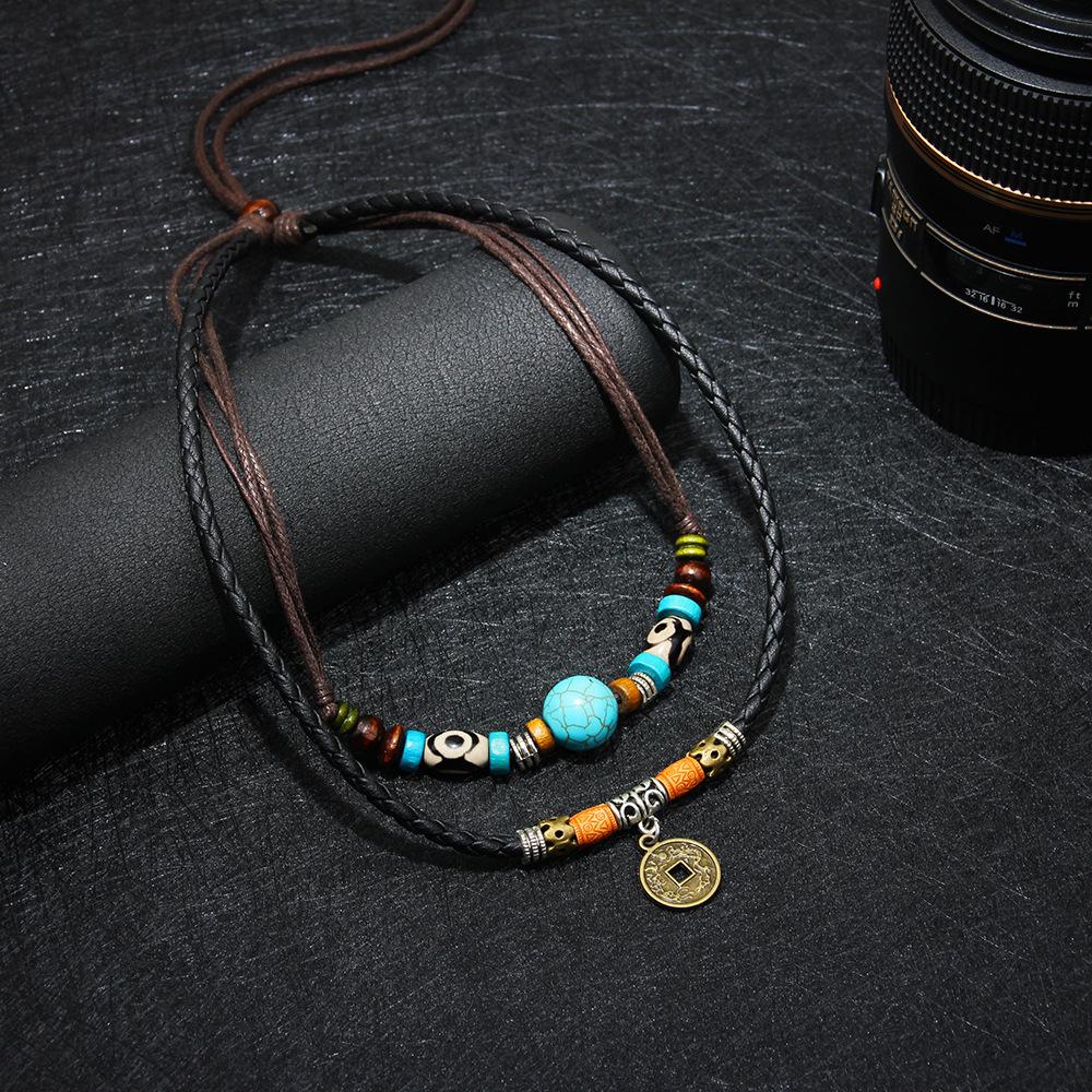 Tibetan Dzi Beads Turquoise Mantra Coin Protection Leather Necklace - FengshuiGallary