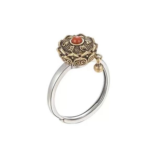 Tibetan Prayer Wheel Cloisonne Red Jade Rotatable Ring - FengshuiGallary