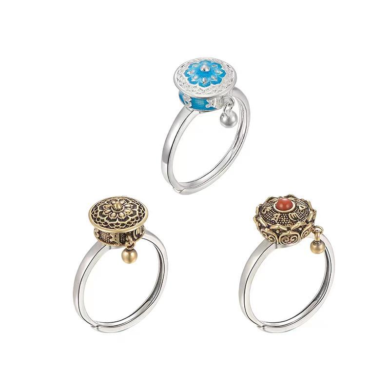 Tibetan Prayer Wheel Cloisonne Red Jade Rotatable Ring - FengshuiGallary