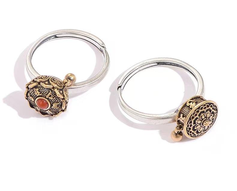 Tibetan Prayer Wheel Cloisonne Red Jade Rotatable Ring - FengshuiGallary