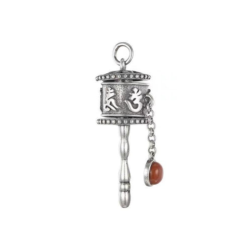 925 silver Tibetan prayer wheel pendant with red agate side bead and dangling spindle on white