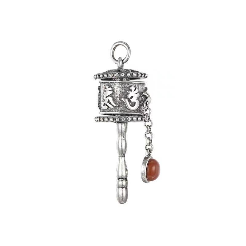 Tibetan Prayer Wheel Red Agate 925 Silver Pendant Necklace