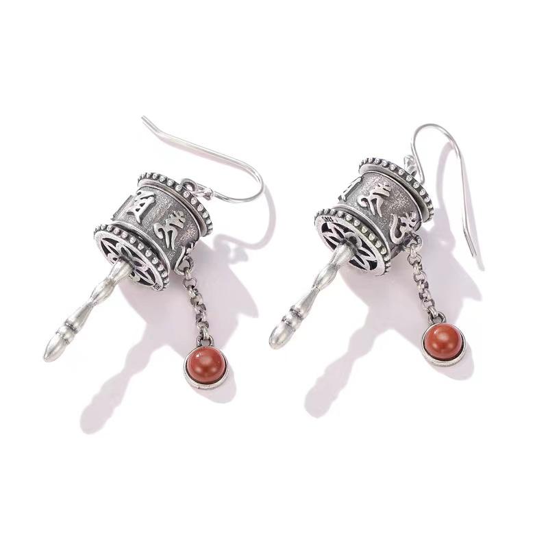 Tibetan Prayer Wheel Red Agate 925 Silver Pendant Necklace - FengshuiGallary