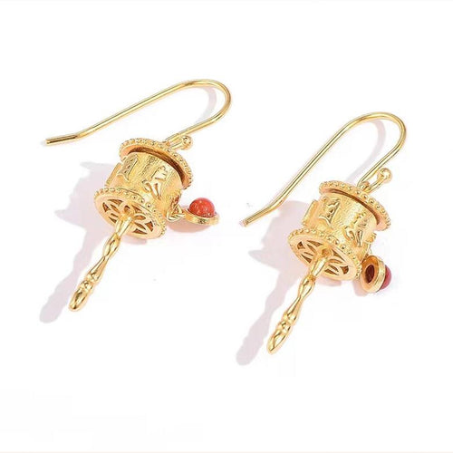 Tibetan Prayer Wheel Red Agate Earrings - FengshuiGallary