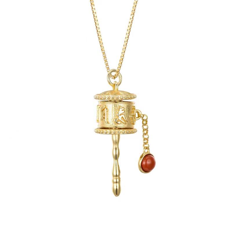 Tibetan Prayer Wheel Red Agate Pendant Necklace - FengshuiGallary