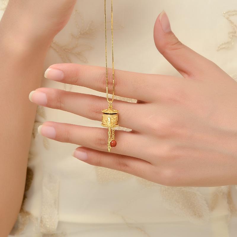 Tibetan Prayer Wheel Red Agate Pendant Necklace - FengshuiGallary