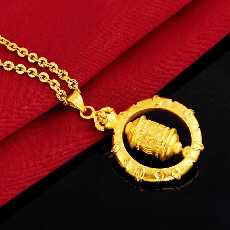 Tibetan Six True Words Mantra Prayer Wheel Gold Pendant Necklace - FengshuiGallary
