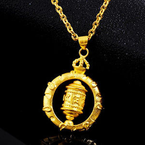 Tibetan Six True Words Mantra Prayer Wheel Gold Pendant Necklace - FengshuiGallary