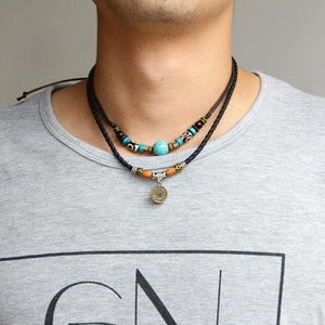 Tibetan Turquoise Dzi Beads Mantra Coin Amulet Necklace - FengshuiGallary